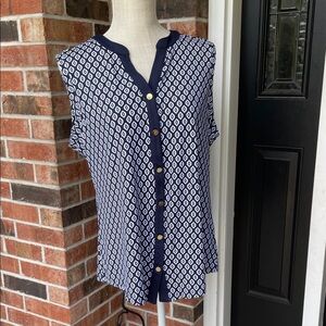 Charter Club Navy and‎ White Geometric Button Down Sleeveless Shirt